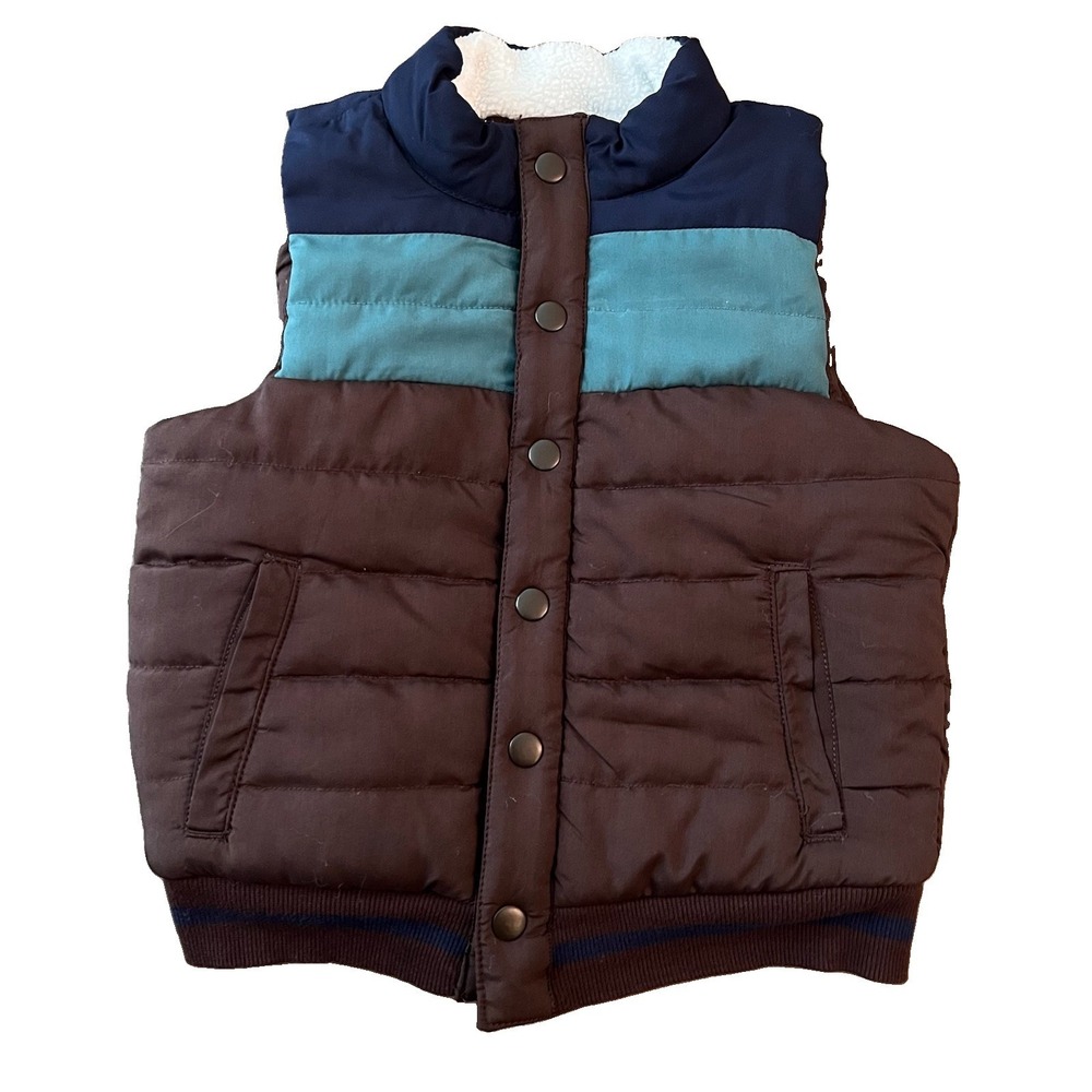 Tommy Bahama Boys Puffer Vest Sz 4 XS Fleece Lined Color Block Brown Green Blue